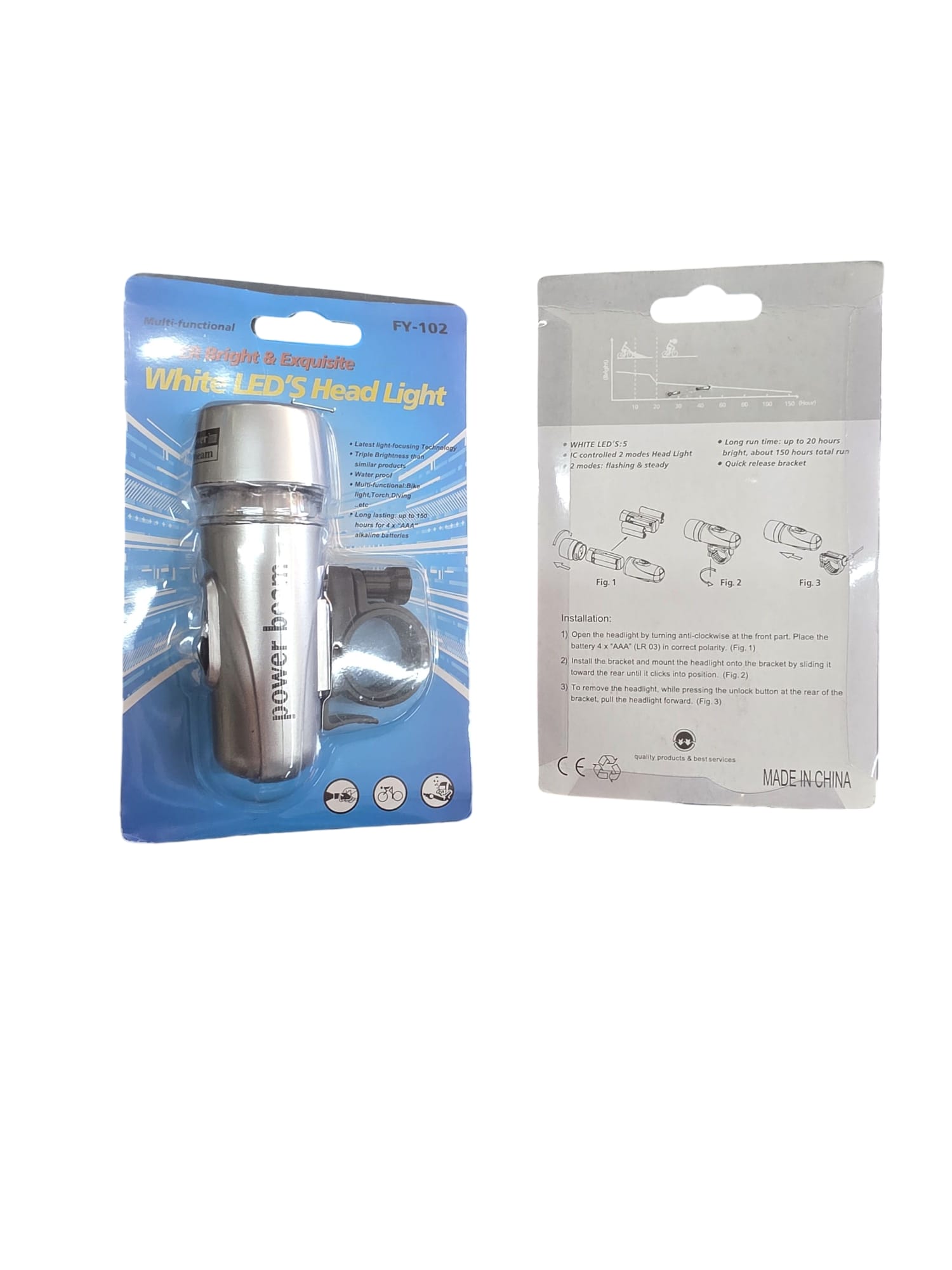 פנס קדמי לאופניים Power Beam FY-102 עם 5 נורות LED לבנות - 2 מצבי תאורה, תושבת שחרור מהיר, פועל באמצעות 4 סוללות AAA