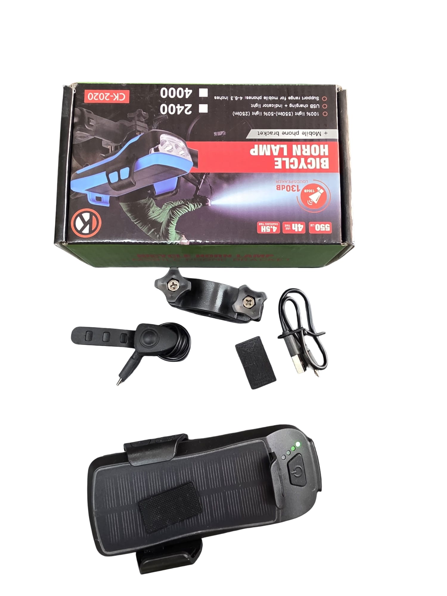 צופר לאופניים עם פנס קדמי LED 550 לומן – 130dB, טעינה סולארית ו-USB, כולל תושבת לכידון